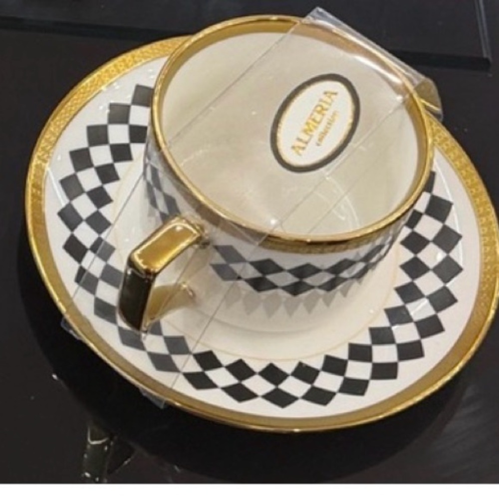 4 Black & Gold Check Porcelain Teacup and Saucer
